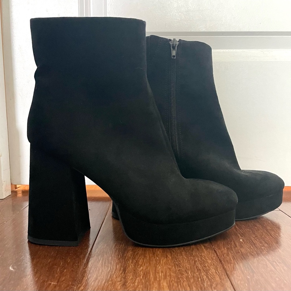 Black Suede Platform Heel Booties - size 8